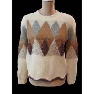 Raga Women Cream Fuzzy Argyle Metallic Knit Sweater Scallop Hem Small Tencil
